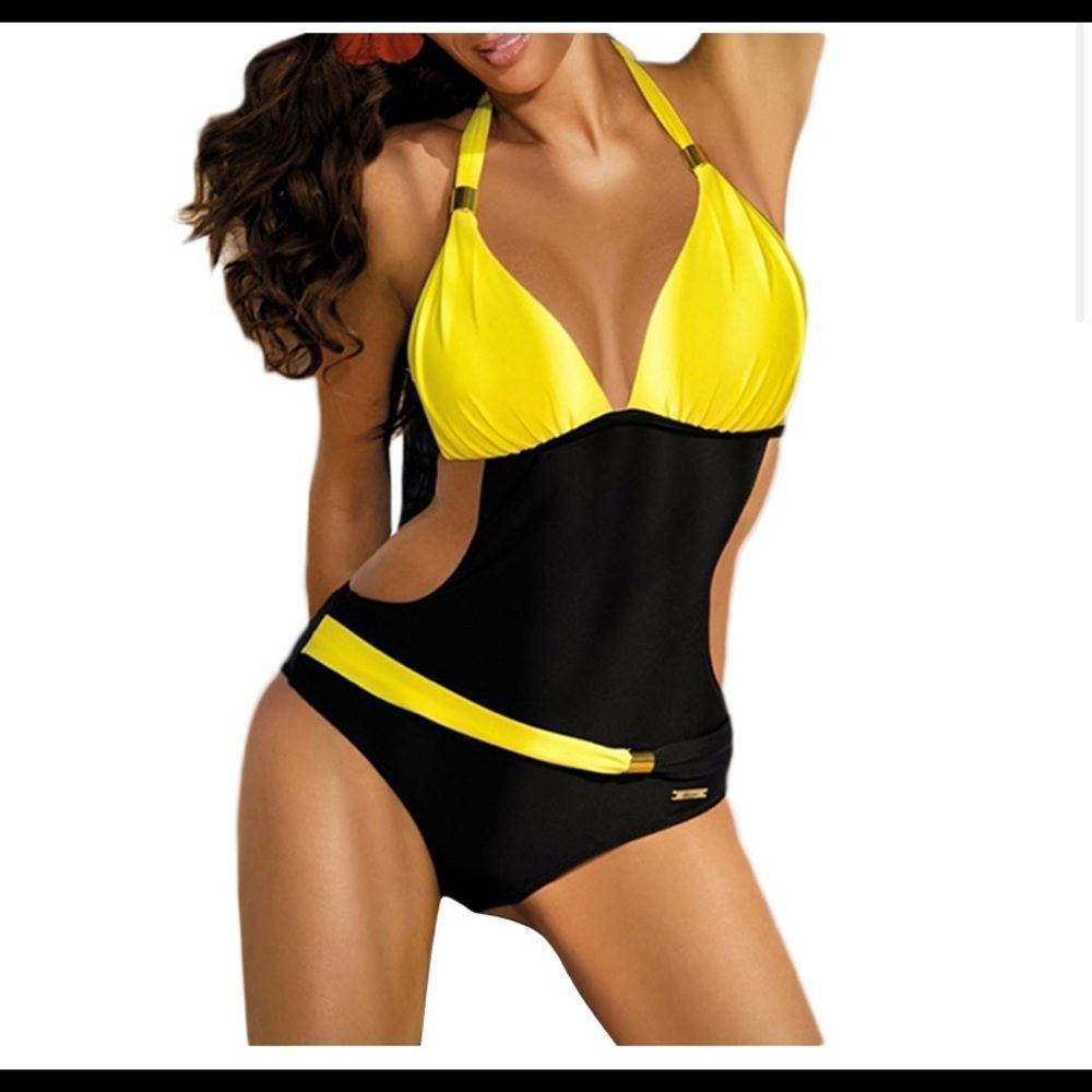 Sexy yellow and black cut out one piece swimsuit XL